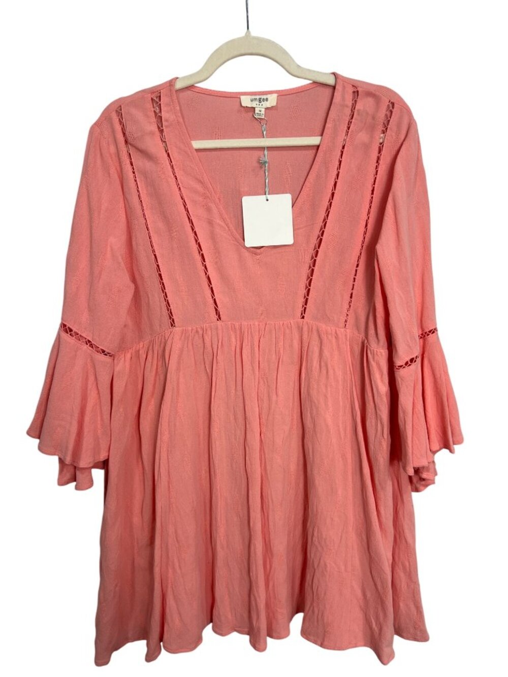 Umgee Dress Medium V Neck Bell Sleeve Babydoll Mini Lace Inset Feminine NEW